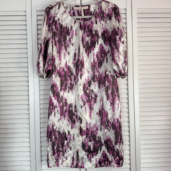 Rebecca Moses Silk Dress Lightweight 3/4 Sleeves Purple Splash Size Medium - Picture 1 of 6